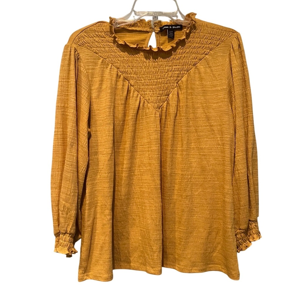 Cottagecore Mustard Smocked Ruffle Mock Neck Blouse L